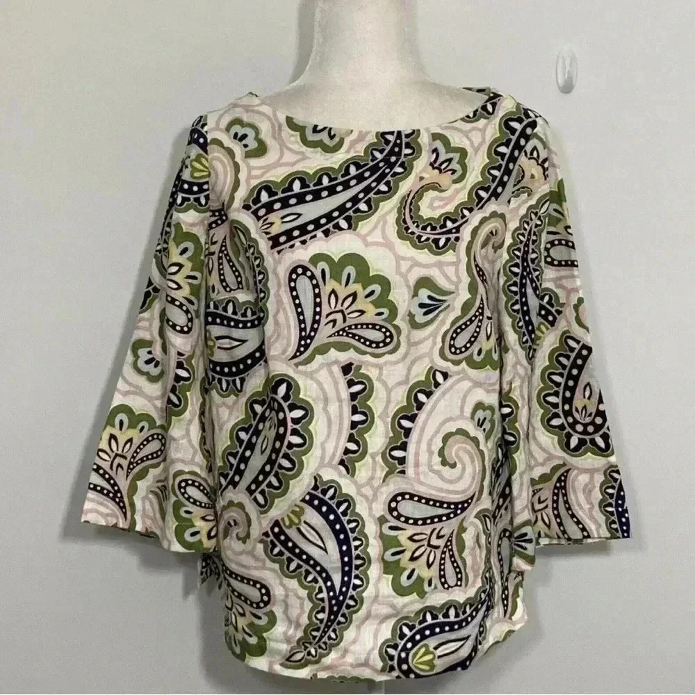 Boden multicolour Laurie bohemian casual linen paisley 3/4 flared  sleeve top 2 - Picture 6 of 6